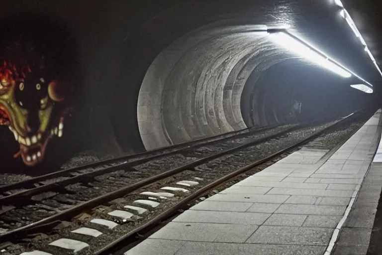 Prompt: very large giant mutant zombie irradiated ( angry rat ) staying on railways in tonnel of moscow subway. giant angry rat. 4 k, very realistic. extreme long shot, low dark light, scary mood, ( anish kapoor, herman nitsch ).