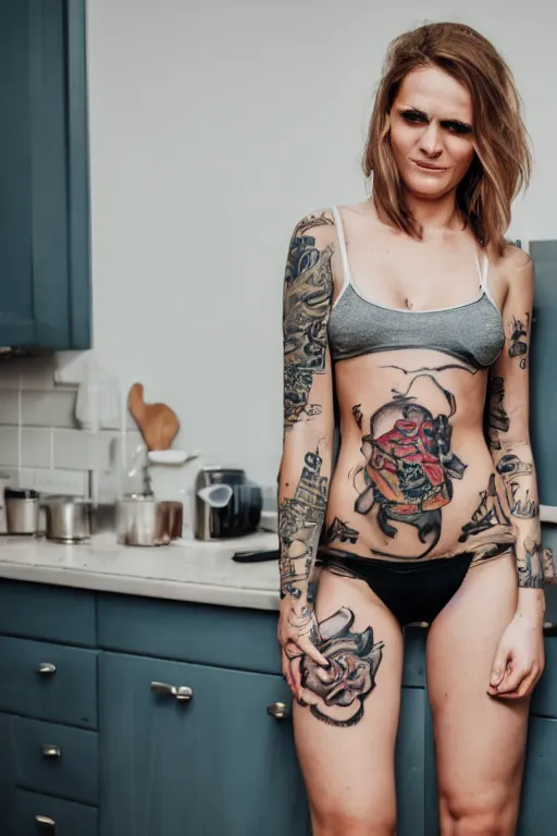 Image similar to a woman posing for the camera in a kitchen, a tattoo by louisa puller, trending on cg society, superflat, 3 2 k uhd, hd, 4 k