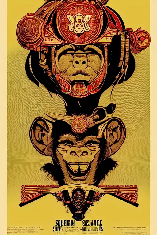 Image similar to monkey face tattoo propaganda screen printing poster, art style wwii posters, jean giraud moebius comic art, sachin teng, shepard fairey, obey, street art, iconic, masterpiece, organic painting, hard edges, ornate and hyper detailed