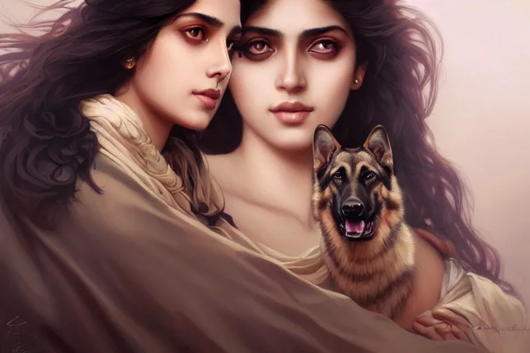 Image similar to sensual good looking pale young bengali girl with soulful eyes with a majestic german shepherd, portrait, elegant, intricate, digital painting, artstation, concept art, smooth, sharp focus, illustration, art by artgerm and greg rutkowski and alphonse mucha