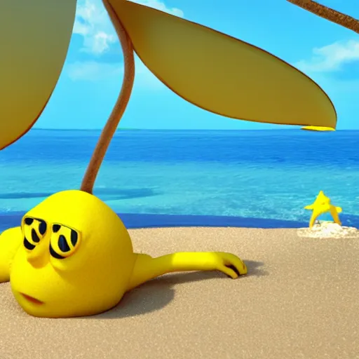 Image similar to a lemon cartoonish character, that is muscular, is relaxing on a beach, inspired by dalle - 2, octane render, 3 d, volumetric lightening