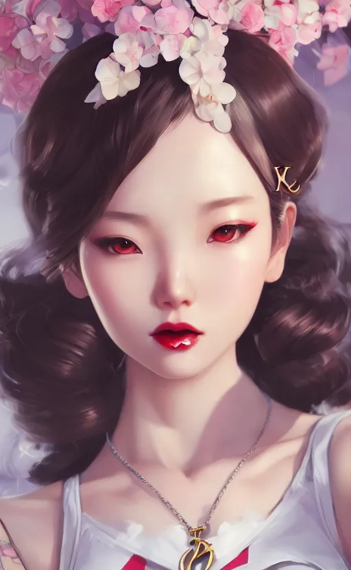 Image similar to a pin up and beautiful fashion charming dreamlke korea girl with lv jewelry, character art, art by artgerm lau and kyoung hwan kim and and ilya kuvshinov and john singer sargent, hyperdetailed, 8 k realistic, symmetrical, frostbite 3 engine, cryengine, dof, trending on artstation, digital art