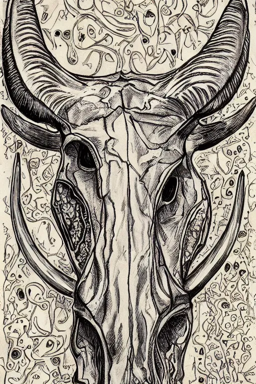 Image similar to Portrait of a Texas Longhorn Skull, with skull bone ornately carved with delicate patterns, tritone, mixed media, fine linework, pen and ink, symmetry