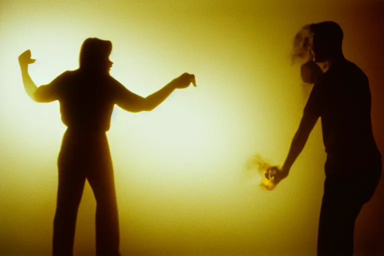 Image similar to backlit photograph of black box pouring energy into suburban room, silhouetted figure, crisp focus, 3 5 mm ektachrome