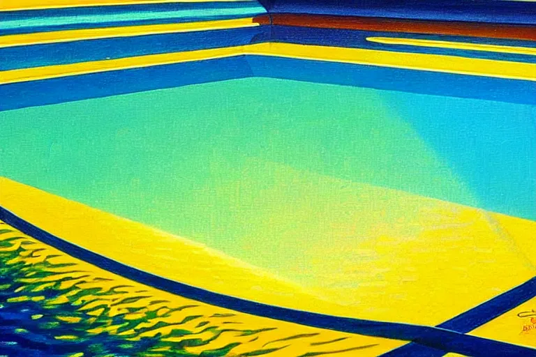 Prompt: a stunning wpa style painting of a prism reflecting sunlight at the bottom of a swimming pool, award winning art