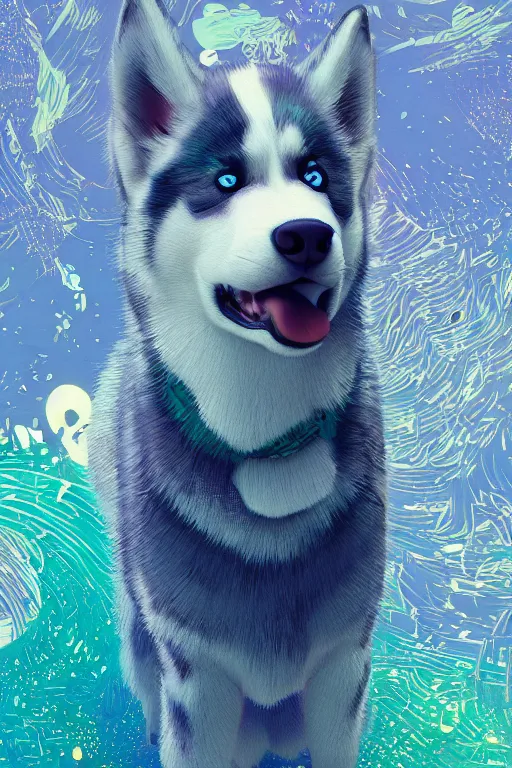 Prompt: Adorably cute Husky dog, artstation winner by Victo Ngai, Kilian Eng and by Jake Parker, swirly vibrant color lines, winning-award masterpiece, fantastically gaudy, aesthetic octane render, 8K HD Resolution