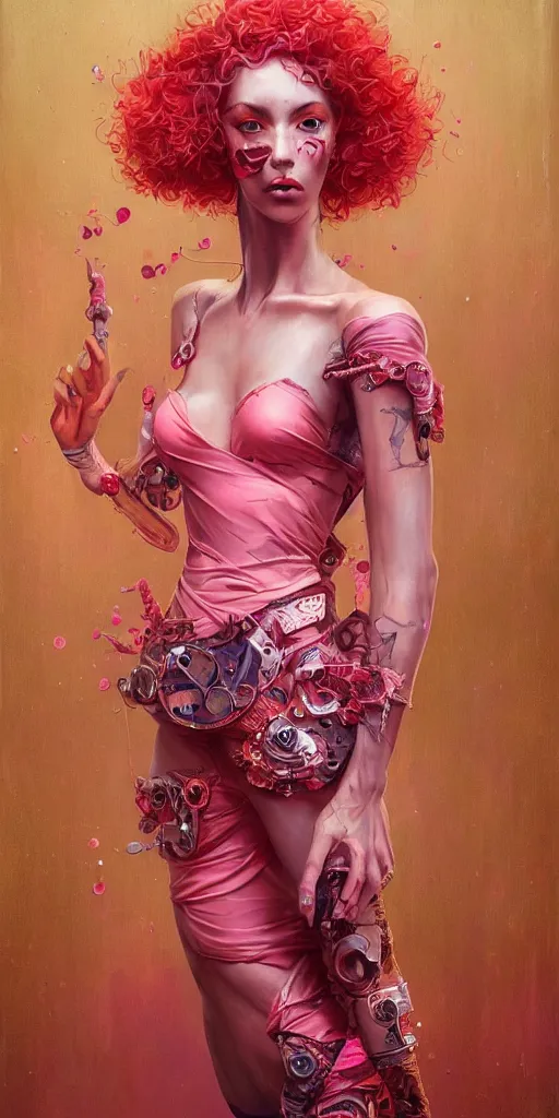 Image similar to a beautiful hyperrealistic portrait pose of a stunning Cyberpunk burlesque model in a pink-and-orange dress, intricate, elegant, highly detailed, smooth, sharp focus, award-winning, masterpiece, in the style of Tom Bagshaw, Cedric Peyravernay, Peter Mohrbacher