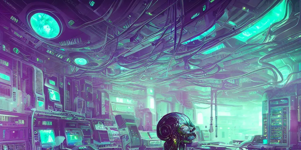 Prompt: massive iridescent brains powering a server room, connected to cables and a powerfull mothership, vintage soft grainy, sci-fi, dark synthwave, in the style of Oscar chichoni and Peter mohrbacher and Dawid planet