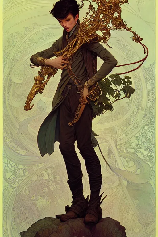 Image similar to thin young male bard, green long straight hair, fantasy, highly detailed, intricate, smooth, art by joseph leyendecker, peter mohrbacher, ruan jia, marc simonetti, ayami kojima, cedric peyravernay, alphonse mucha, victo ngai