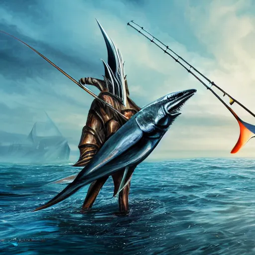 Image similar to lord sauron on his new paddle fishing a giant swordfish, digital art, trending on art station, high quality, uhd 8 k, beautiful, golden hour, intricate detail, high gradient, raytracing