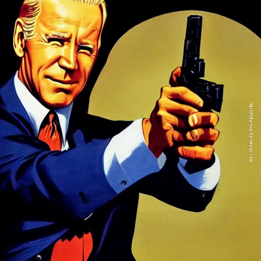 Image similar to propaganda poster of joe biden pointing gun directly at camera in james bond movie, closeup of gun, visible barrel and grip by j. c. leyendecker, bosch, lisa frank, jon mcnaughton, and beksinski