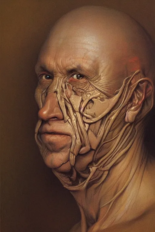 Prompt: beautiful clean oil painting biomechanical portrait of man face by wayne barlowe, rembrandt, complex, stunning, realistic, skin color