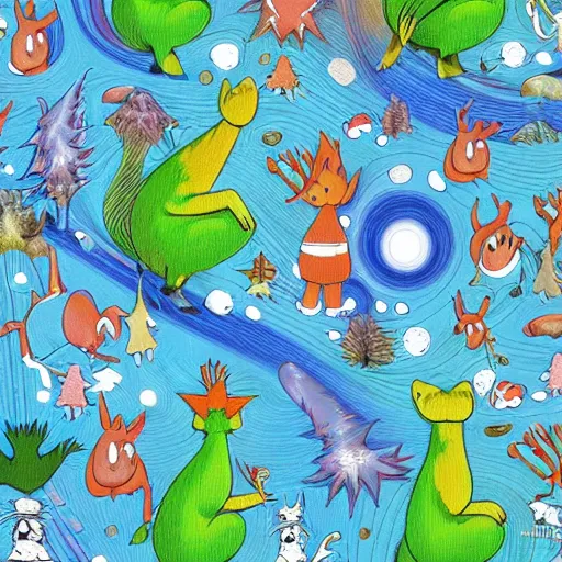 Image similar to psychedelic trippy couch pine forest with woodland critters planets milky way sofa cartoon by dr. seuss