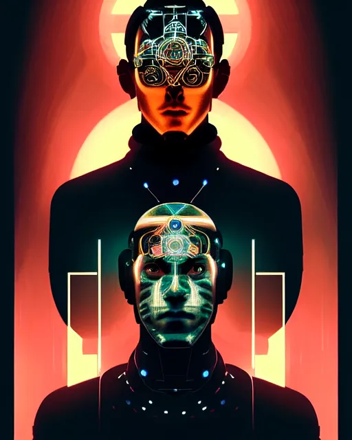 Image similar to symmetry!! centered, head on portrait of a man with face tattoos, sci - fi -, cyberpunk, blade runner, glowing lights, tech, biotech, techwear!! intricate, elegant, highly detailed, digital painting, artstation, concept art, smooth, sharp focus, illustration, art by artgerm and greg rutkowski and alphonse mucha