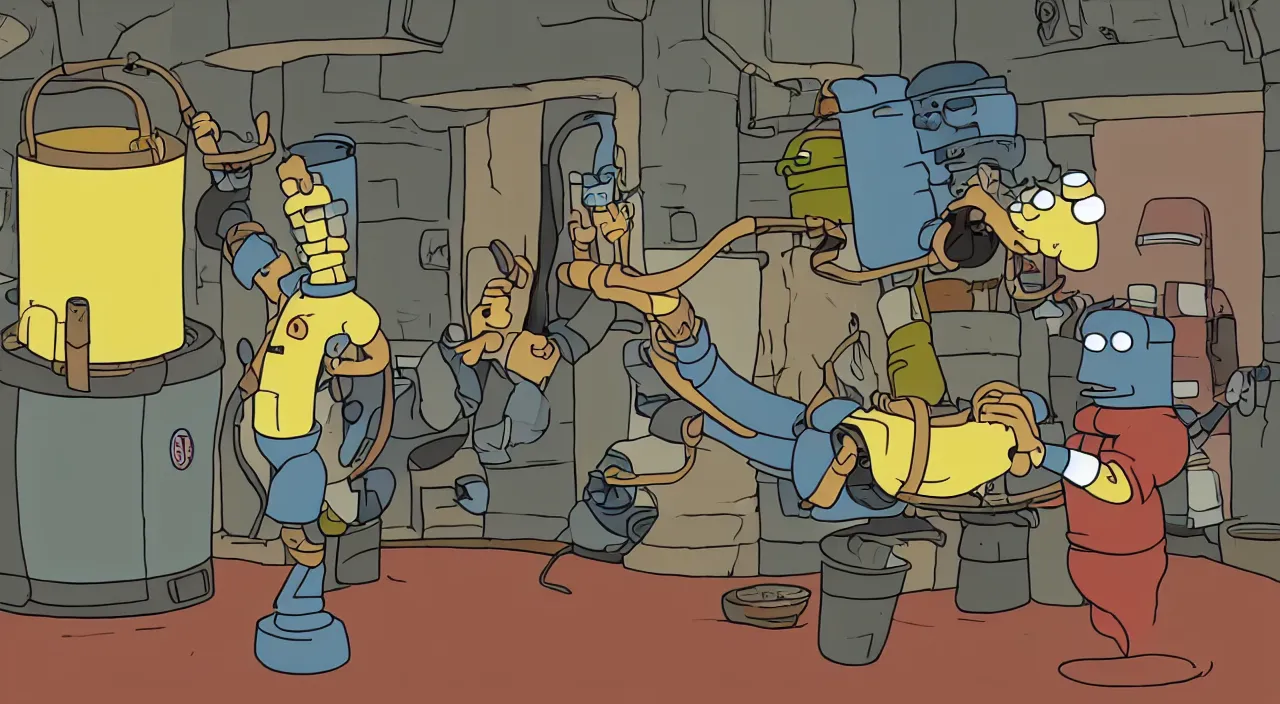 Prompt: a hilarious digital animation still of Bender from Futurama doing a keg-stand while wearing a lampshade in the style of Futurama
