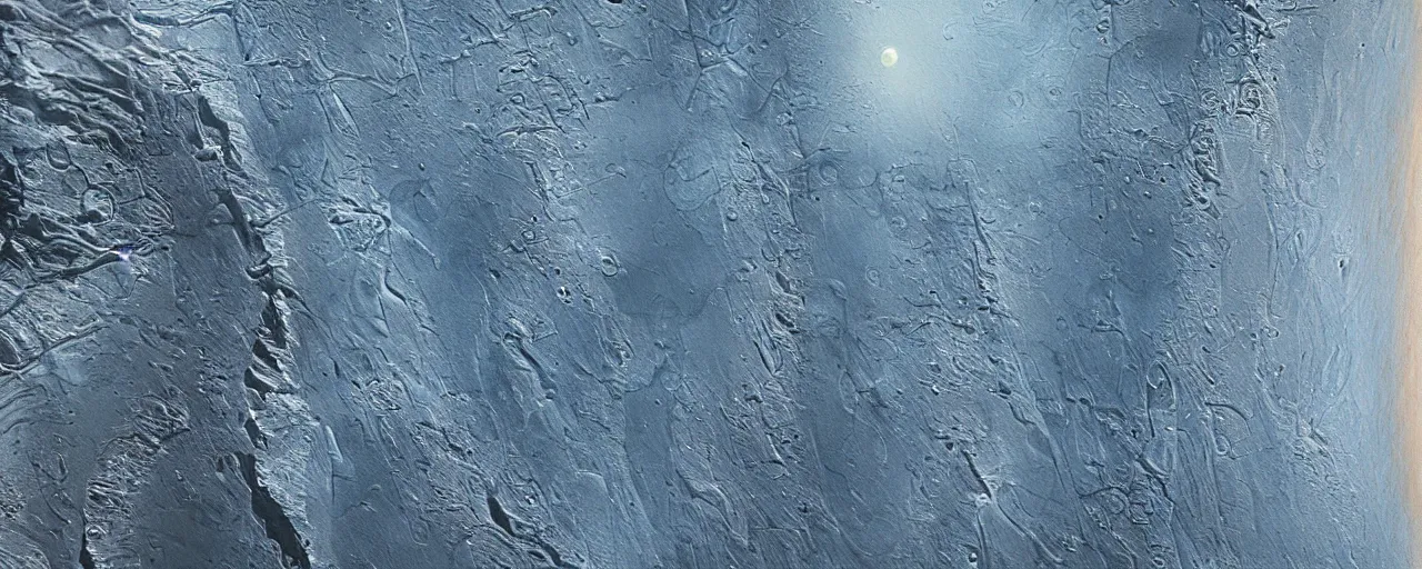 Prompt: A canyon on Europa, moon of Jupiter. The surface is made of ice. Classic painting, award winning, highly detailed.