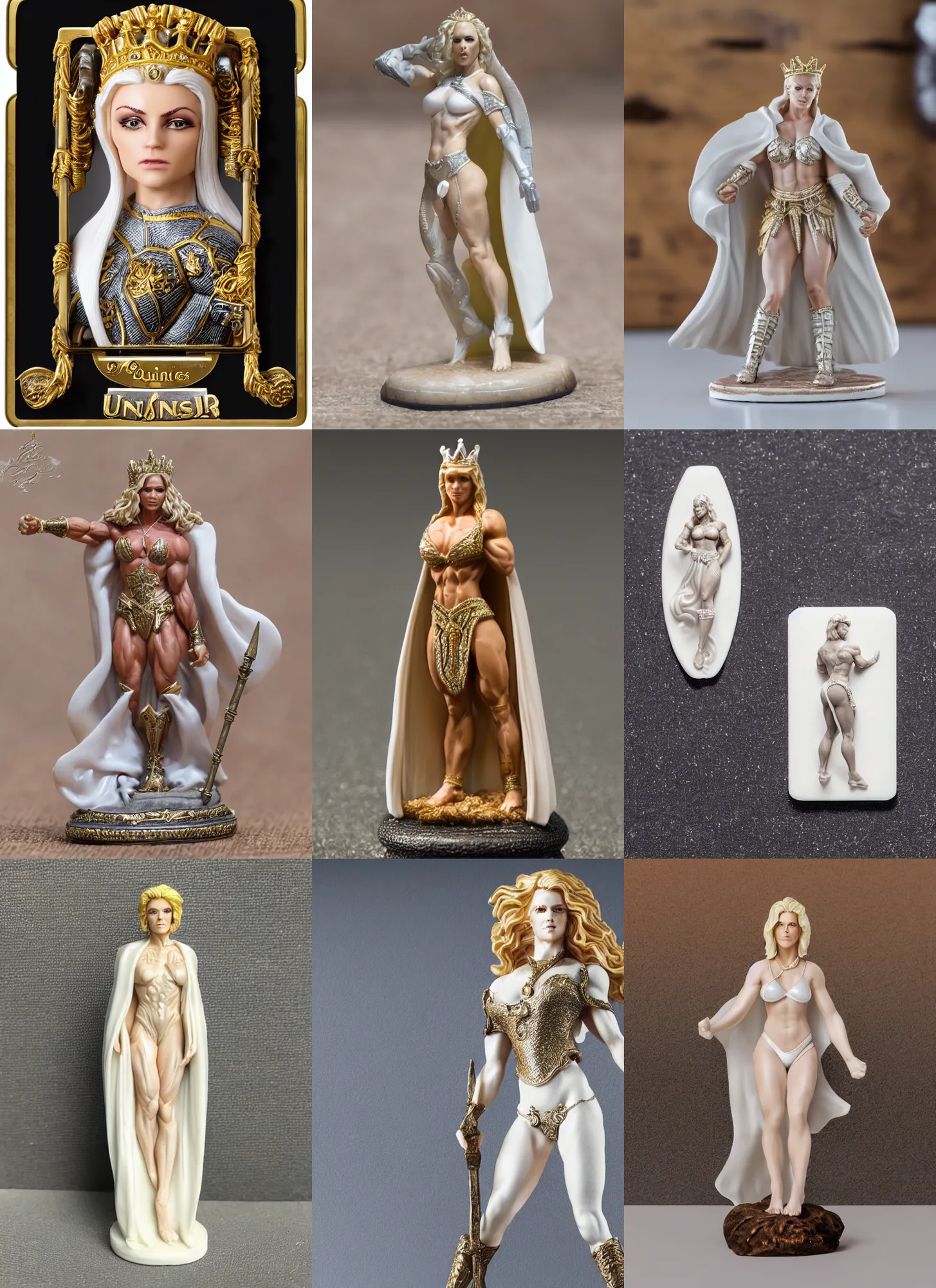 Image similar to 80mm resin detailed miniature of a Very Muscular Queen, long white cape, light skin, short blonde hair, on textured disc base, Company logo in upper left corner; Miniature product Photo, 4K, Full body