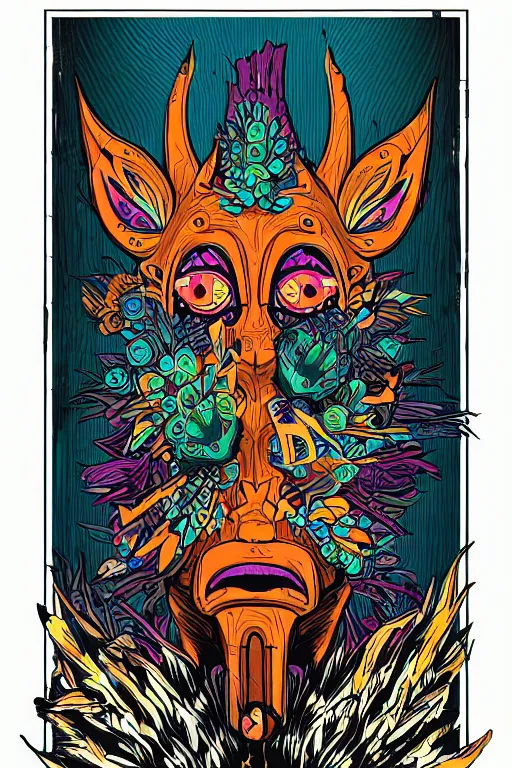 Image similar to animal mask totem roots flower tribal feather gemstone plant wood rock shaman vodoo video game vector cutout illustration vivid multicolor borderlands comics by josan gonzales and dan mumford radiating a glowing aura