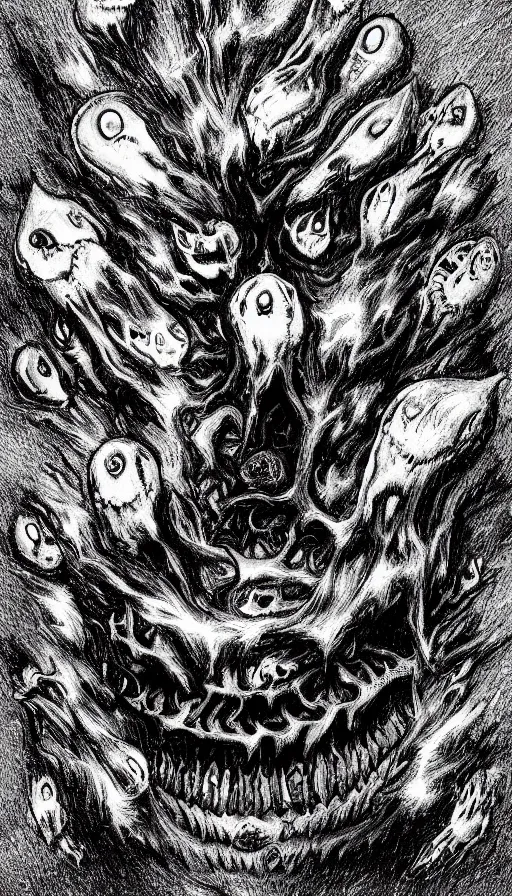 Image similar to a storm vortex made of many demonic eyes and teeth, by jesper esjing