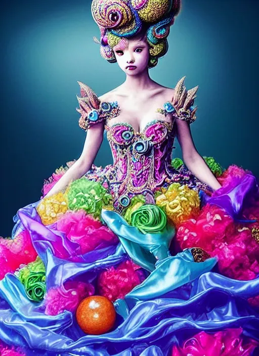 Image similar to A full body shot of a cute and mischievous monster princess with hair made of tentacles wearing an ornate ball gown covered in jewels. Dynamic Pose. Quinceanera dress. Rainbow palette. rainbowcore. Eldritch Beauty. defined facial features, symmetrical facial features. Opalescent surface. beautiful lighting. By Giger and Ruan Jia and Artgerm and WLOP and William-Adolphe Bouguereau. Photo real. Hyper-real. Photorealism. Fantasy Illustration. Sailor Moon hair. Masterpiece. trending on artstation, featured on pixiv, award winning, cinematic composition, dramatic pose, sharp, details, Hyper-detailed, HD, HDR, 4K, 8K.