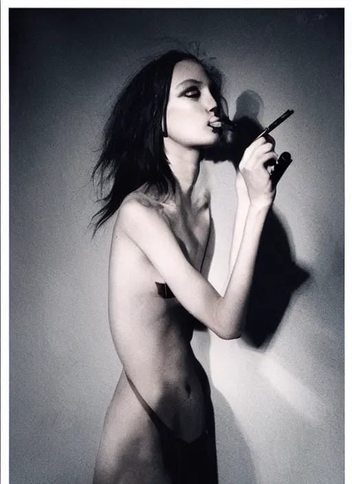 Image similar to instagram influencer girl model, smoking, dangling cigarette, posing in dramatic lighting, by paolo roversi, masterpiece