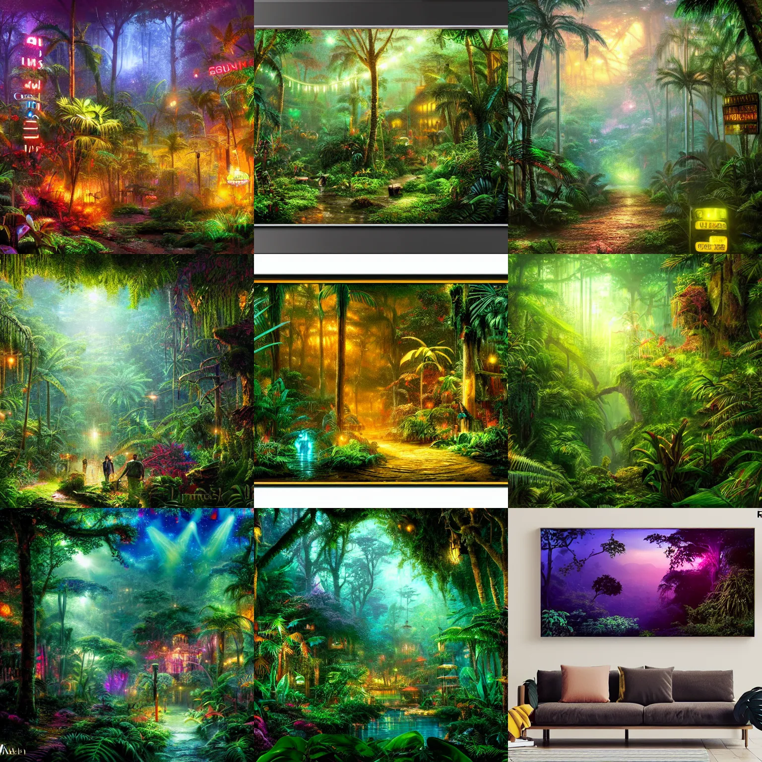 Prompt: a warning sign board in middle of a dense mystic jungle, breathtaking lights shining, 4k, by thomas kinkade