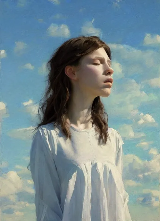 Image similar to portrait of a levitating girl dressed in white clothes, countryside, calm, fantasy character portrait, dynamic pose, above view, sunny day, thunder clouds in the sky, artwork by Jeremy Lipkin and Giuseppe Dangelico Pino and Michael Garmash and Rob Rey, very coherent asymmetrical artwork, sharp edges, perfect face, simple form, 100mm