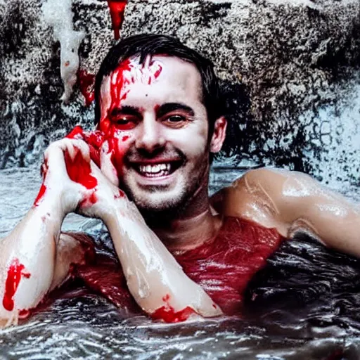 Image similar to a man smiling while taking a bath in blood