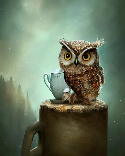 Prompt: long shot of a very cute owl chick nesting in a futuristic mug, esao andrews, humorous illustration, hyperrealistic, big depth of field, warm colors, night scenery, low light, 3 d octane render, 4 k, concept art, hyperdetailed, hyperrealistic, trending on artstation