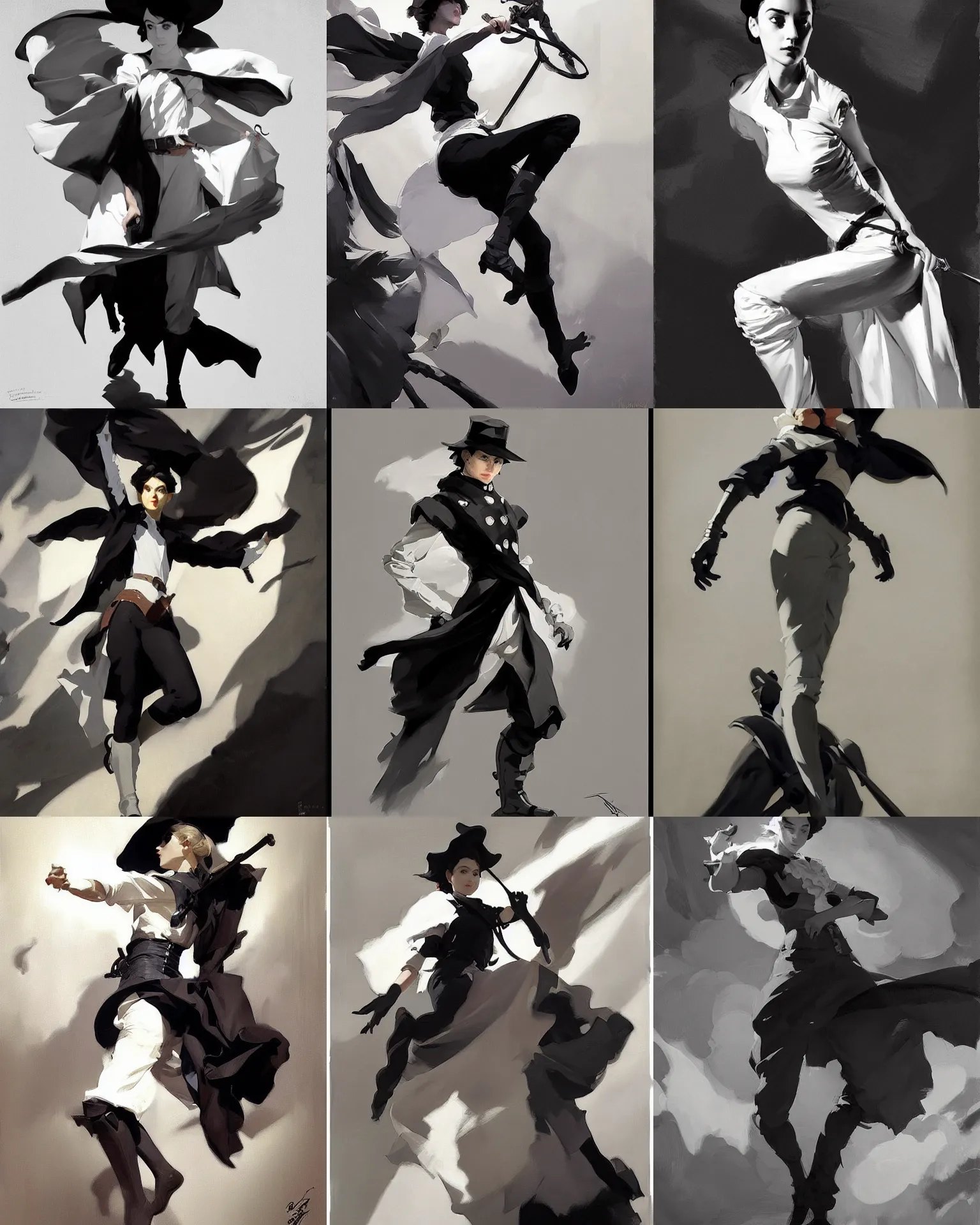 Image similar to black and white cloth fabric jodhpurs greg manchess painting by sargent and leyendecker, studio ghibli, fantasy, medium shot, asymmetrical, intricate, elegant, matte painting, illustration, hearthstone, by greg rutkowski, by greg tocchini, by james gilleard, by joe fenton