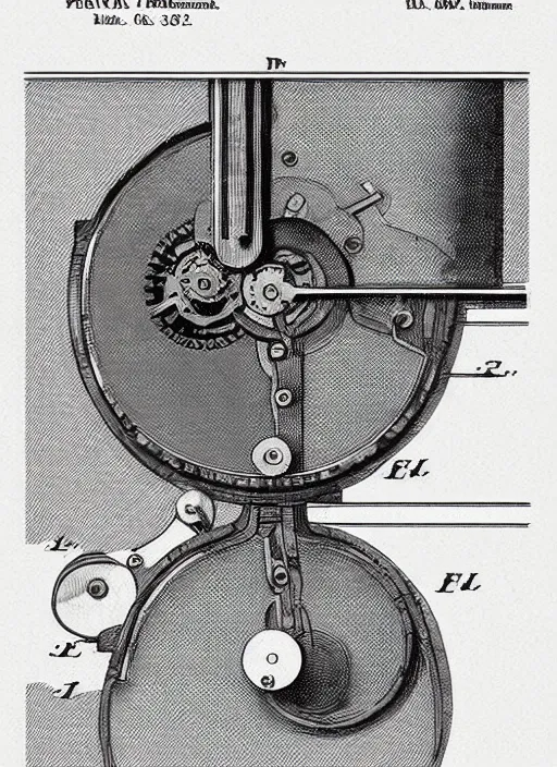 Image similar to “A detailed clockwork mechanism attached to forehead of a woman. Patent application drawing, close-up, Fig.1, Header text”