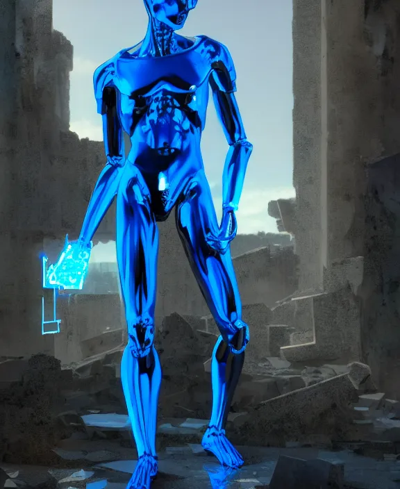 Prompt: concept art of humanoid of blue glass and reflective steel, standing in ruins, art by wayne barlow, dariusz zawadzki, hajime sorayama, masterpiece, cgsociety, translucent raytracing, octane render, artstation, highly detailed, rim light, cinematic lighting, very coherent, hyperrealism, high detail, 8 k