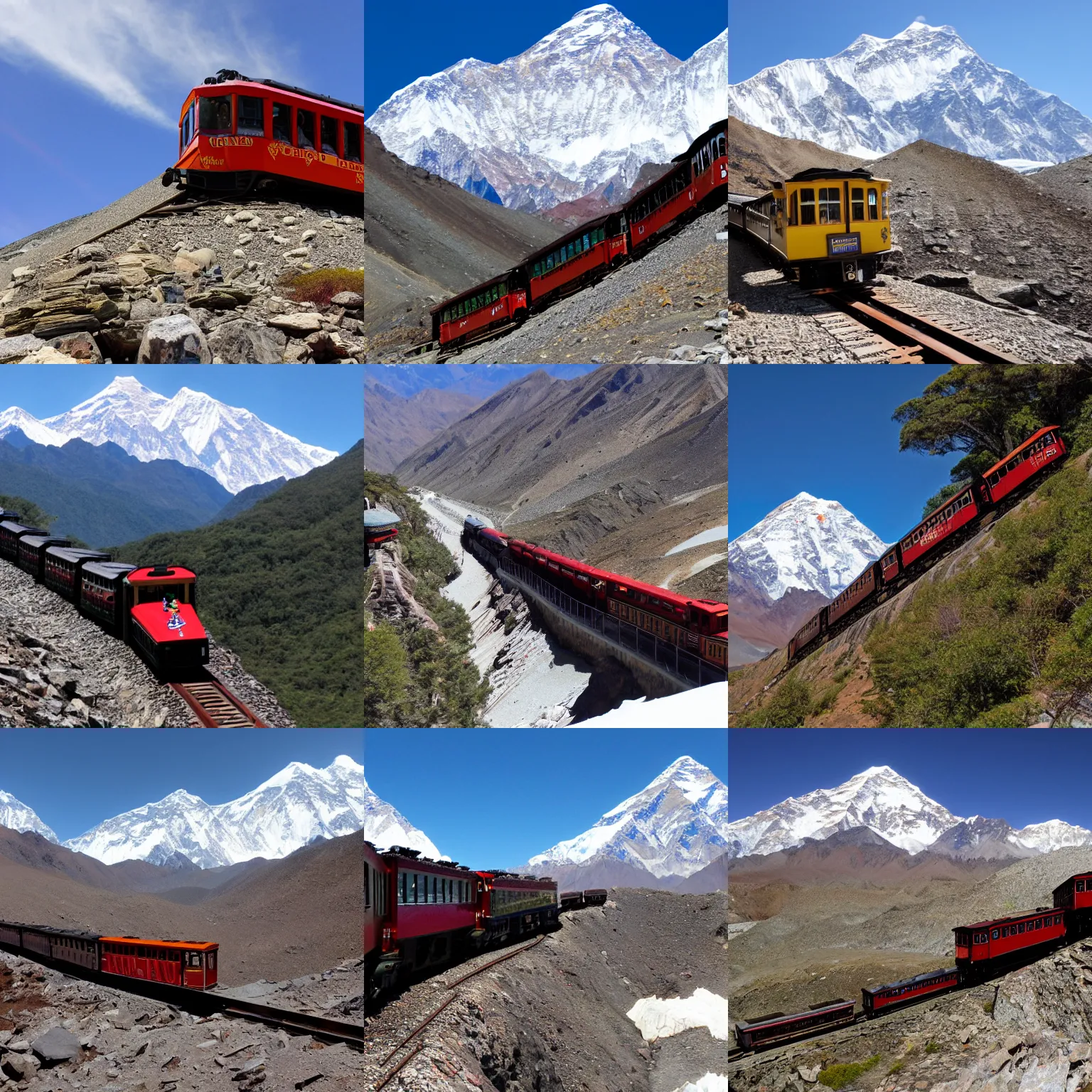 Prompt: cog train arriving at the peak of mount everest