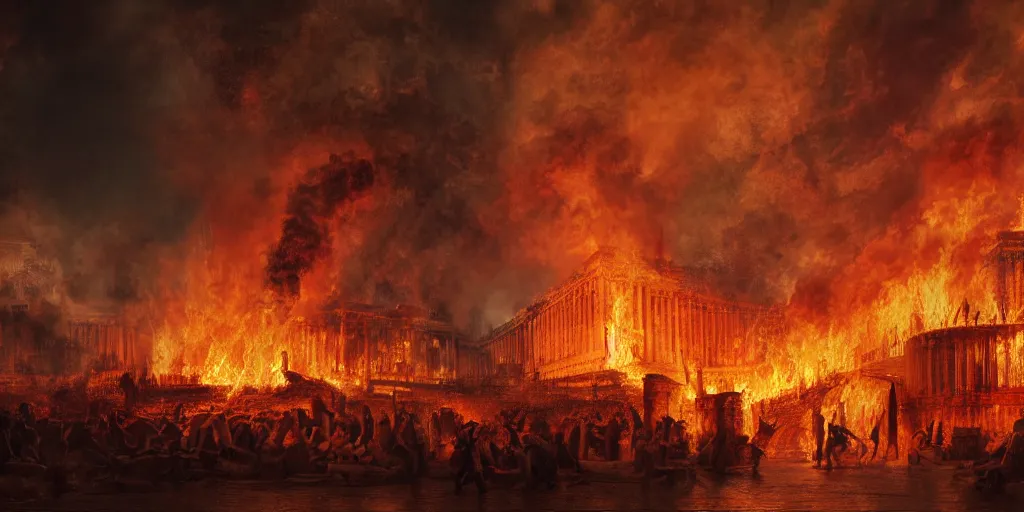 Image similar to Painting of the great fire of rome, abstract, realism, 8k, detailed, terror, octane render, 3d render, complex emotion, glow