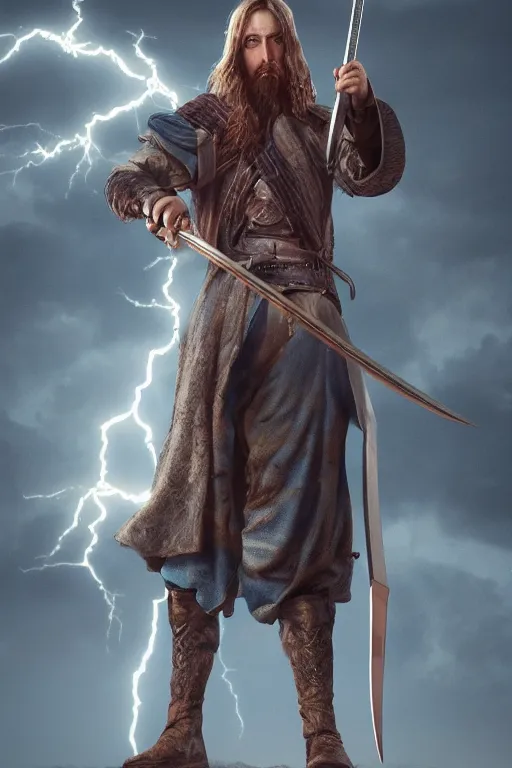 Image similar to hyper realistic wizard holding a sword that’s pointed towards the sky, getting shocked by lightning, octane, trending on artstation, hyper realistic, highly detailed, 8k