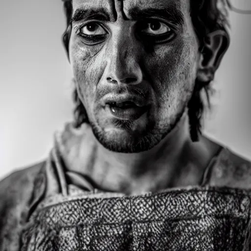 Image similar to Photograph of Angry 25 year old man in ancient Canaanite clothing wakes up in shock. Interior ancient tent. 40mm lens, shallow depth of field, split lighting