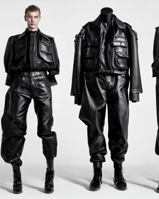 Prompt: an award - winning editorial photo of an irradecent extremely baggy cropped short ancient medieval designer menswear leather police jacket with an oversized collar and baggy bootcut trousers designed by alexander mcqueen, 4 k, studio lighting, wide angle lens