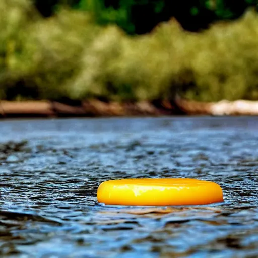 Prompt: cheese slice floating down the river