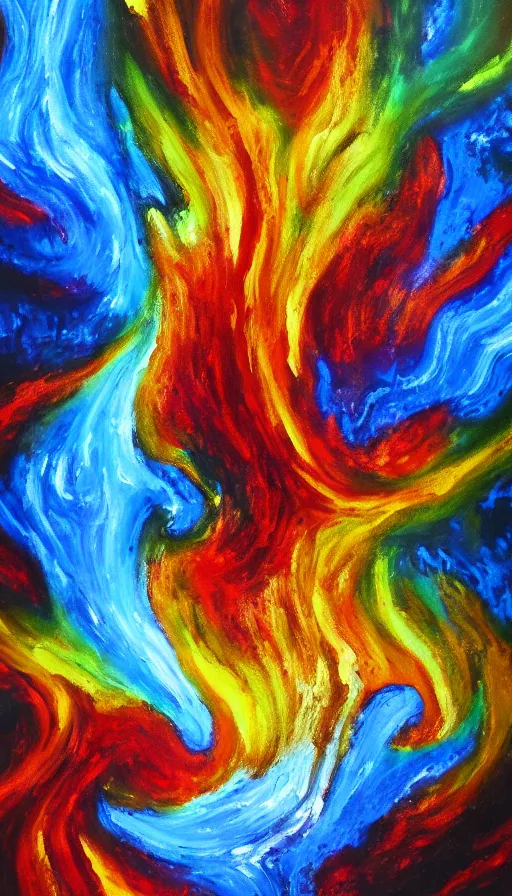 Image similar to oil painting of fire and water mixing together