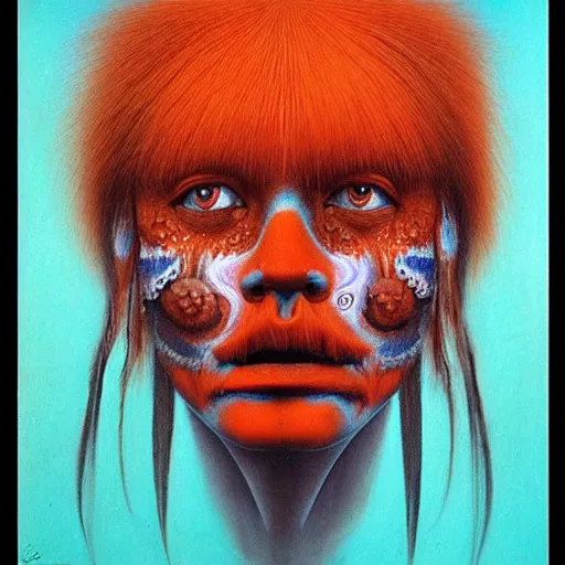 Prompt: symmetric portrait of indigenous warrior, turquoise and orange hair. realistic. high detail.by zdzisław beksiński