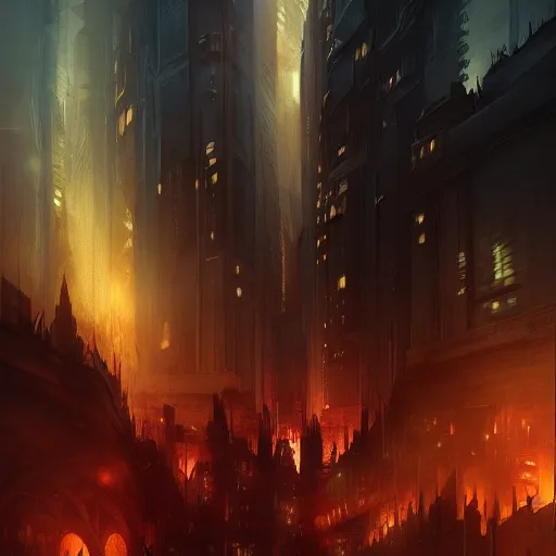 Prompt: a wall of darkness consuming a city by Charlie Bowater