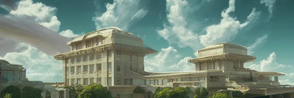 Prompt: beautiful digital illustration of an Art Deco palace in the sky, world of tomorrow, architecture, realistic clouds, pastel color scheme, reflecting pool, concept art, deviantArt, artsation, artstation HQ, HD, 16k resolution, octane, finalRender, Unreal Engine