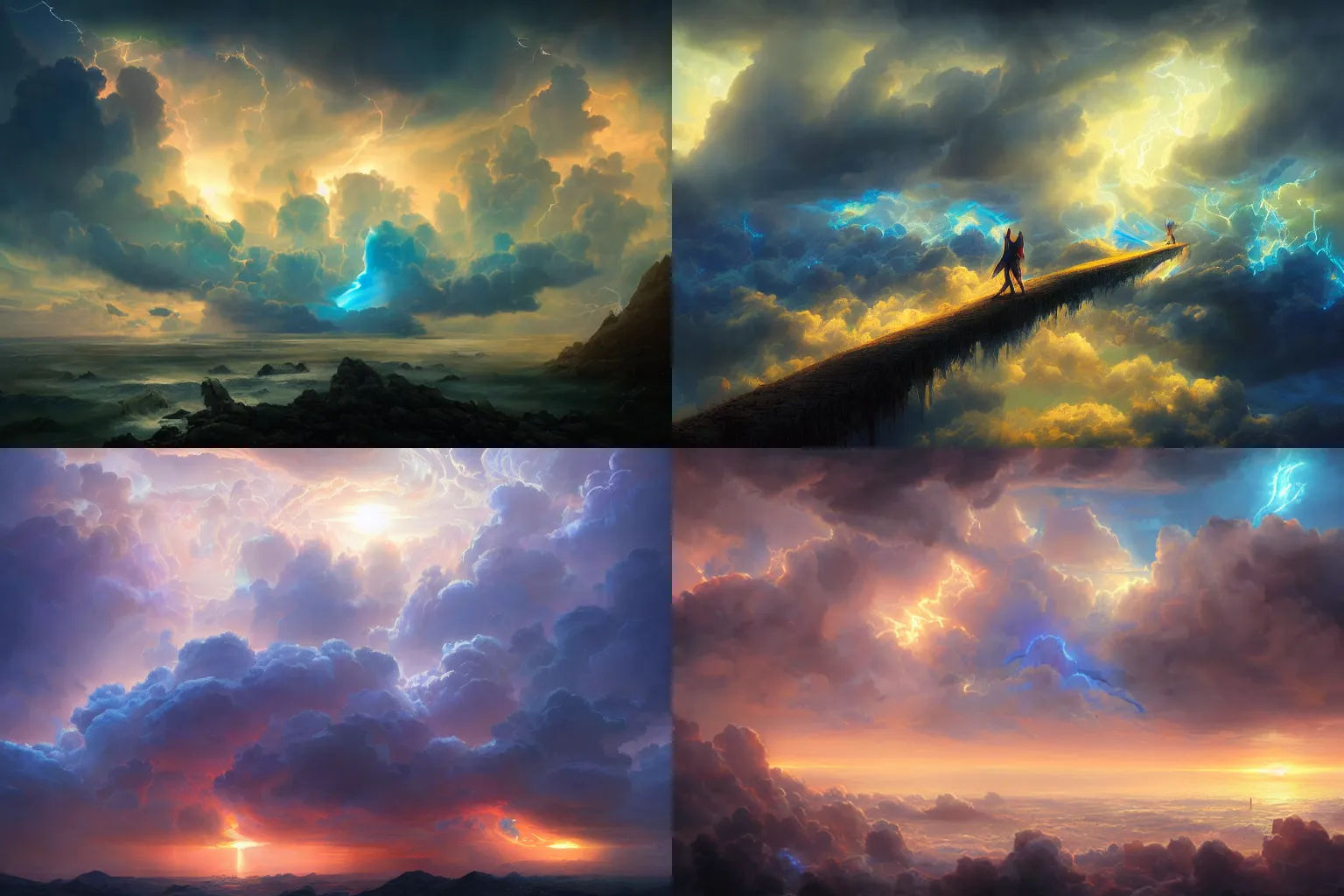 Prompt: stormy sky, sunrise, with blue light piercing through clouds, royal blue colors, lighting refraction, volumetric lighting, highly detailed, wlop, peter mohrbacher and greg rutkowski