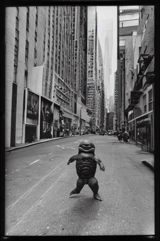 Image similar to photo polaroid of a ninja turtle in the middle of a New York street, loneliness, war, black and white ,photorealistic, 35mm film,