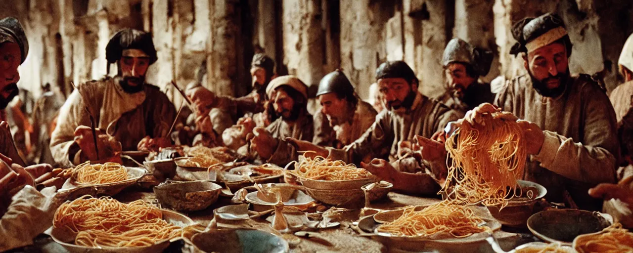 Image similar to eating spaghetti during the seige of constantinople, 7 0 0 ad, small details, intricate, 5 0 mm, cinematic lighting, photography, wes anderson, film, kodachrome