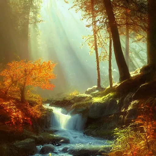 Prompt: [ small mountain river ]! flowing rapidly through a [ late autumn forest ]!, [ proud stag ]! standing with its head high is silhouetted by [ sunbeams through trees ]!, atmospheric, craig mullins! art style, cinematic, cgsociety, by brian froud, rutkowski, [ early morning sun ]!, lively, intricate