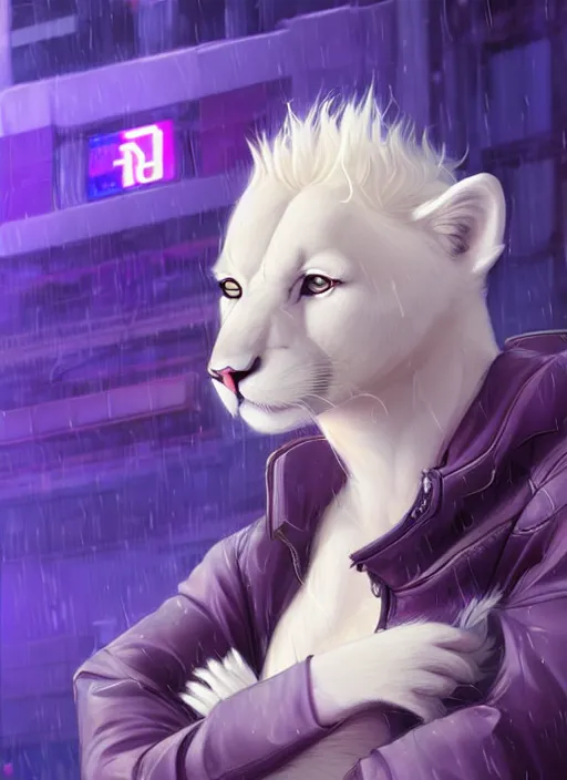 Prompt: award winning beautiful portrait commission of a male furry anthro albino mountain lion fursona with a tail and a cute beautiful attractive detailed furry face wearing stylish cyberpunk clothes in a cyberpunk city at night while it rains. Purple and Yellow. Character design by charlie bowater, ross tran, artgerm, and makoto shinkai, detailed, inked, western comic book art