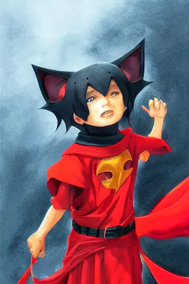 Image similar to little boy with cat ears in an black outfit with red cape. digital artwork made by lois van baarle and kentaro miura and marc simonetti and jesper ejsing, sharpness focus, inspired by hirohiko araki, anatomically correct, heroic composition, hero pose, smooth