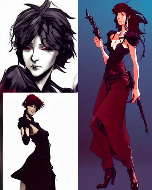 Image similar to style of yoji shinkawa, don bluth : : gorgeous mary elizabeth winstead : : evil sorceress, swirling black magic, black dress : : symmetrical face, symmetrical eyes : : full body pose : : gorgeous red hair : : cinematic lighting : :