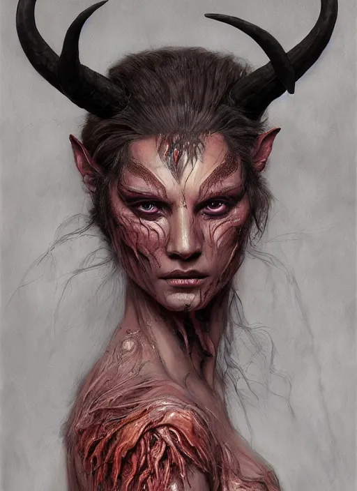 Image similar to half demon half human intricate skin hairy costume, elegant, peaceful, full body, horns, hyper realistic, extremely detailed, dnd character art portrait, fantasy art, intricate fantasy painting, dramatic lighting, vivid colors, deviant art, artstation, by edgar maxence and caravaggio and michael whelan and delacroix.